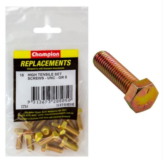 5/16" x 3/4" Grade 5 UNC set screws in a pack of 15, designed for heavy-duty construction and automotive applications.