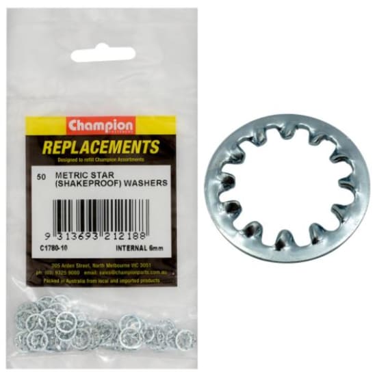 6mm internal star washers in a 50-pack for secure fastening, ideal for automotive and construction applications.