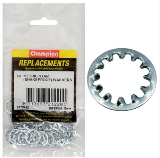 Pack of 50 durable 10mm internal star washers designed to prevent fastener loosening from vibrations in various applications.