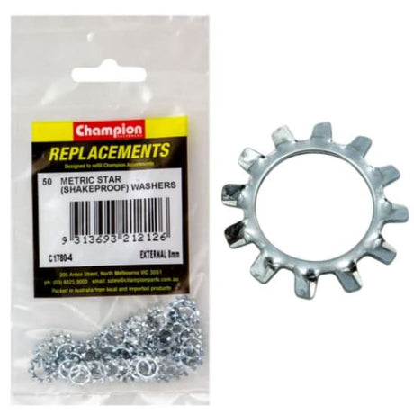 8mm External Star Washer-50pk: Durable star washers for secure fastening, ideal for automotive and DIY projects. Pack of 50.