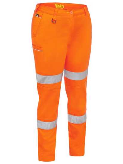 Bright orange Bisley women's tapered stretch cotton pants with reflective tape, size 14, ideal for comfort and style.