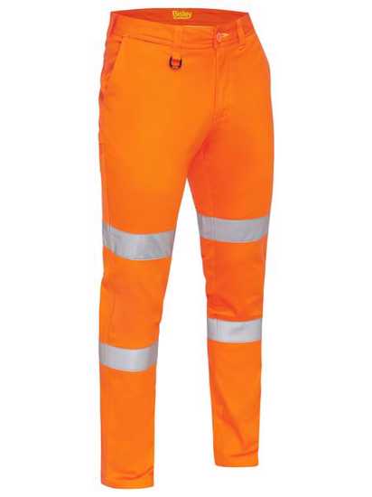 Bright orange Bisley Taped Biomotion Stretch Pant size 92 with reflective tape, featuring multi-functional pockets and UPF 50+ protection.