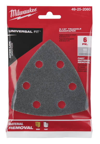 Milwaukee OPEN-LOK 60 grit sandpaper pack, 89mm triangle shape, hook and loop for quick changes, ideal for wood and paint.