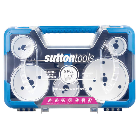 Alt text: Sutton 5 Piece Holesaw Set includes sizes 44mm to 111mm, crafted from tough Bi-Metal Cobalt HSS for precision and durability.