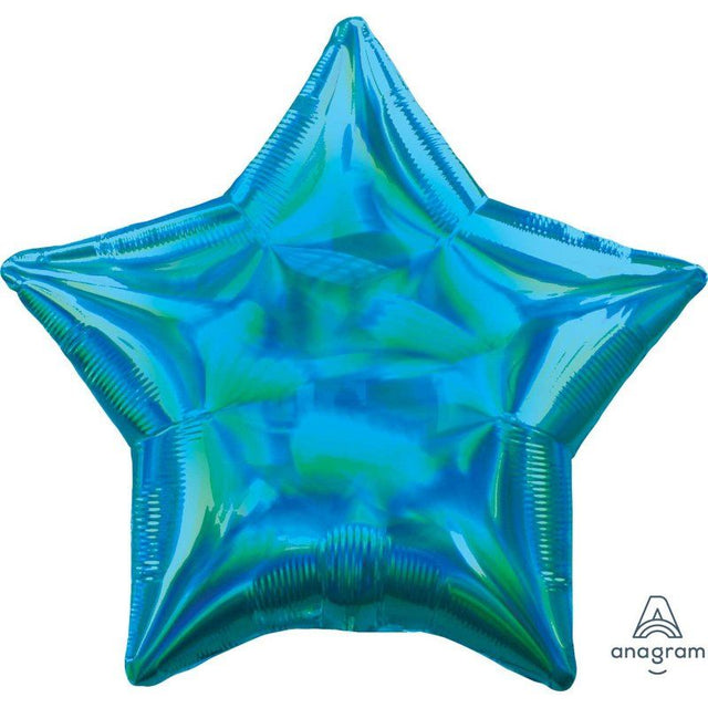 Vibrant 45cm iridescent cyan star balloon, perfect for celebrations with a stunning holographic effect.