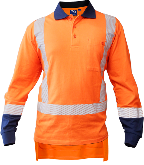 High-visibility orange and navy cotton polo with X-back design, segmented tape, and chest pocket, size XL for work safety.