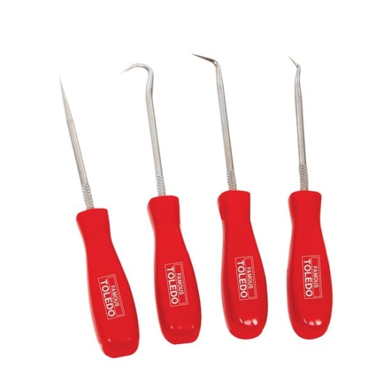 Toledo Pick & Hook Miniature 4 Piece Set: precision tools for scraping, marking, and seal removal with comfort grips for control.