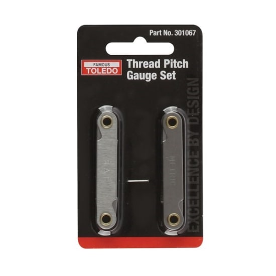 Toledo Thread Pitch Gauge 2 Piece Set featuring stainless steel construction and twelve blades for Metric and Imperial thread identification.