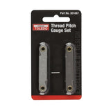 Toledo Thread Pitch Gauge 2 Piece Set featuring stainless steel construction and twelve blades for Metric and Imperial thread identification.