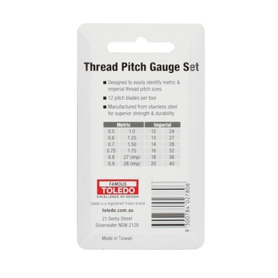 Toledo Thread Pitch Gauge 2 Piece Set with 12 stainless steel blades for accurate Metric and Imperial thread identification.