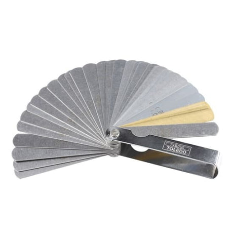 Toledo Feeler Gauge with 38 steel and brass blades for precise metric and imperial measurements in tight spaces.