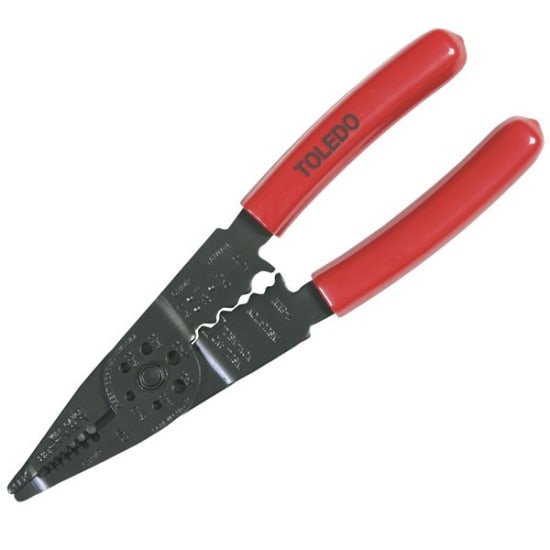 Toledo 7 in 1 Pliers: multifunction tool with cutting, stripping, crimping features, durable alloy steel, comfortable grip.