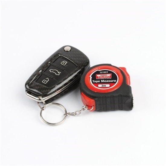 Toledo 2M measuring tape with durable shock-proof casing, ergonomic keychain ring, and high visibility nylon-coated blade.