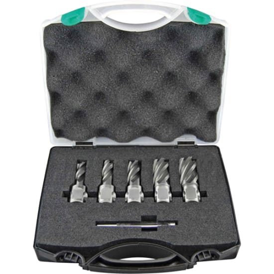 Six-piece Holemaker Silver Series Annular Cutter set with M2AL steel, 25mm depth, includes pilot pin and multiple sizes for precision drilling.