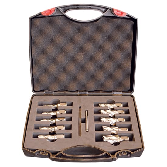 12-piece Holemaker S/SRS Annular Cutter set, featuring high-speed steel cutters for precise, burr-free drilling up to 25mm deep.