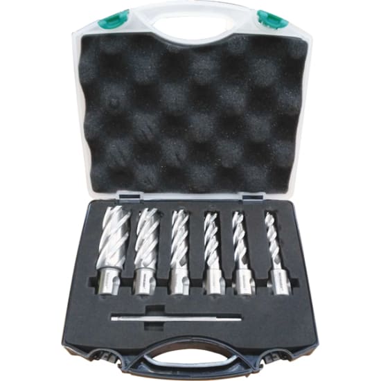 Holemaker 8-piece metric annular cutter set in high-speed steel, ideal for precise drilling in stainless steel and aluminum.