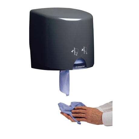Wall-mounted grey dispenser for WypAll wipers, designed for hygiene, cost efficiency, and easy monitoring of refill levels.