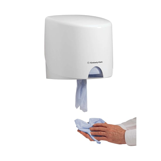 White wall-mounted Kimberly Clark Aquarius Wiper Dispenser for efficient, hygienic cleaning, perfect for high-traffic food prep areas.