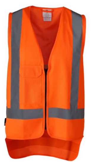 High visibility orange 2XL Workhorse recycled vest with zip closure and external pockets for phone and pen, eco-friendly design.