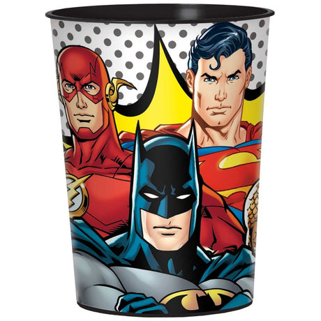 Vibrant Justice League themed plastic favor cup, perfect for parties, holds 16oz of beverages for superheroes of all ages.