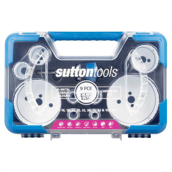 Sutton 9 Piece Carpenter's Holesaw Set in a sturdy case, includes various sizes for cutting wood, metal, and plastic.