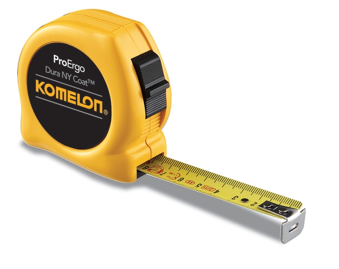 KOMELON PROERGO Pocket Tape, 3m long, 16mm wide, nylon-coated, ergonomic grip, durable steel blade, with a belt clip.