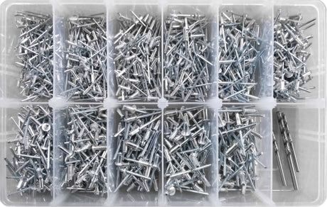 900-piece Rivet Assortment Kit with 73AS blind rivets and drill bits, perfect for professionals and DIY projects.