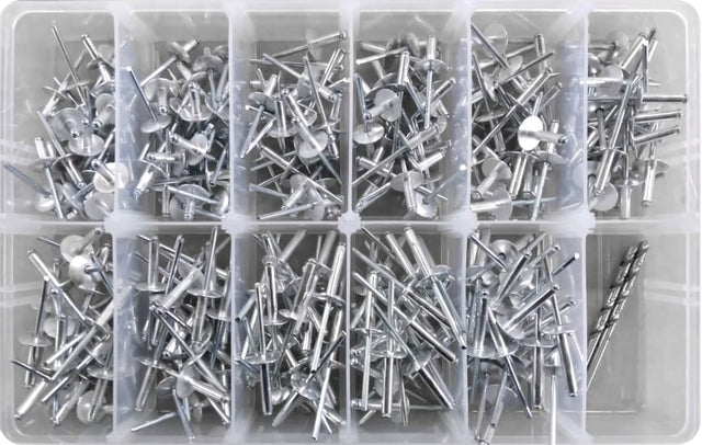 Rivet Large Flange Assortment Kit with 277 pieces, ideal for automotive and DIY projects, featuring durable blind rivets and drill bits.