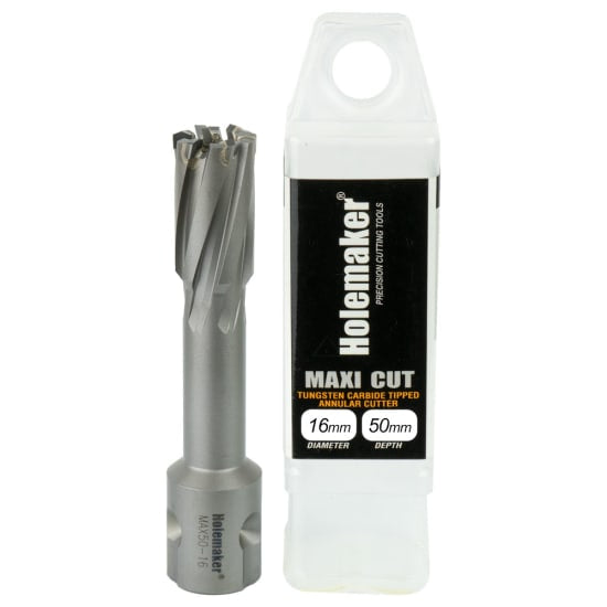 TCT annular cutter with 16mm diameter and 50mm depth, ideal for tough materials like stainless steel and wear plate.