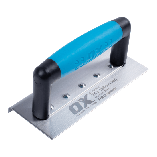 Premium OX Pro stainless steel narrow edger for smooth concrete edges, featuring a durable, riveted handle and comfortable oxgrip design.