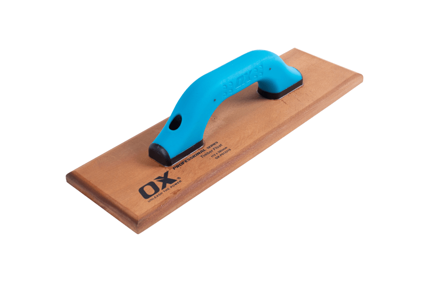 Professional-grade OX Timber Float, 380mm x 112mm, featuring ergonomic handle and durable hardwood for concrete finishing.