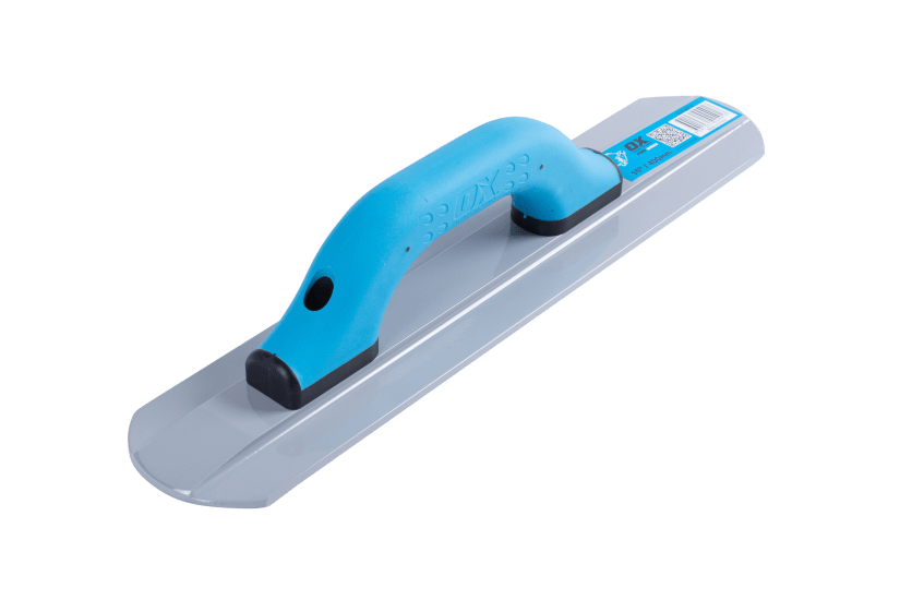 Professional-grade OX Magnesium Rounded End Float, 80mm x 400mm, with beveled ends and Duragrip handle for smooth concrete finishing.