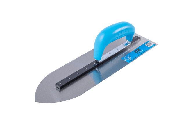 OX Trade Pointed Finishing Trowel 100mm x 355mm with ergonomic handle, stainless steel rivets, and durable carbo steel blade.