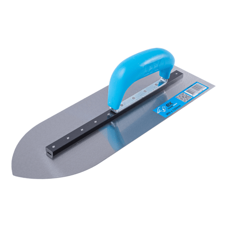 Pointed finishing trowel (120mm x 356mm) made of durable carbon steel with ergonomic handle for precise masonry work.