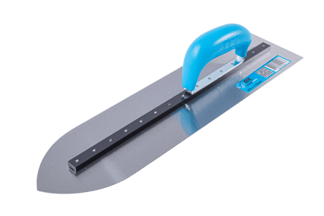 Pointed finishing trowel by OX Tools, 115mm x 450mm, durable carbo steel with ergonomic handle for precise concrete finishing.