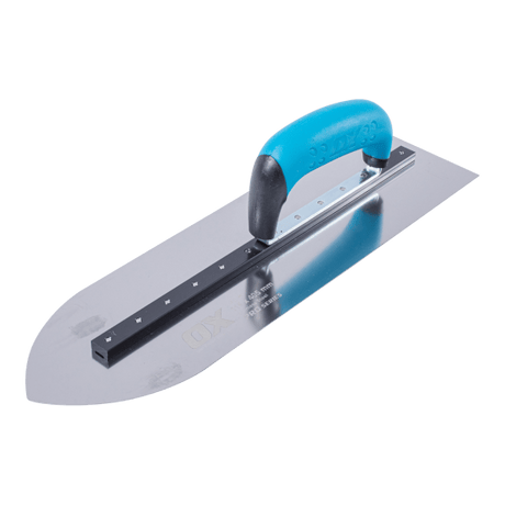 Alt text: OX Stainless Steel Pointed Finishing Trowel, 115mm x 405mm, featuring durable aluminium shank and ergonomic handle for precision use.