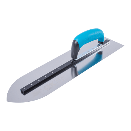 Professional stainless steel pointed finishing trowel, 115mm x 450mm, with durable aluminum shank and comfortable grip handle.