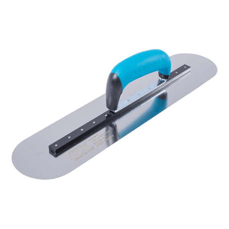 Rigid pool trowel from OX Tools, 110mm x 450mm, designed for precise finishing in pool construction and renovation projects.