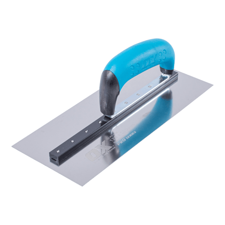 OX Square Finishing Trowel features stainless steel construction and a durable handle for achieving smooth concrete finishes.