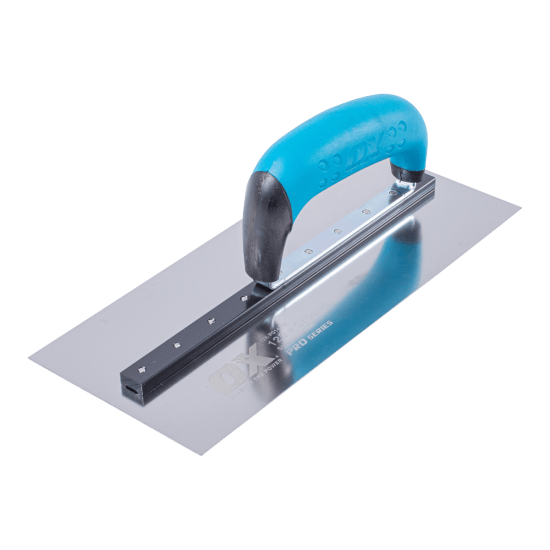 OX Square Finishing Trowel features stainless steel construction and a durable handle for achieving smooth concrete finishes.