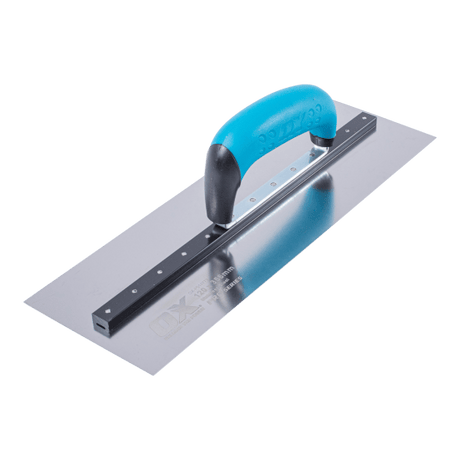 High-grade stainless steel trowel with durable aluminum shank and comfortable grip for precise concrete finishing.