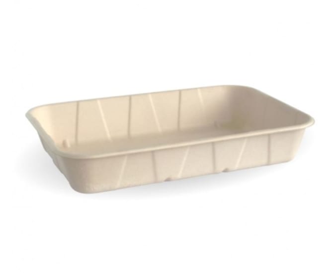 Biopak BioCane Produce Tray made from sugarcane pulp, measures 268x173x46mm, eco-friendly, compostable, and hot food friendly.