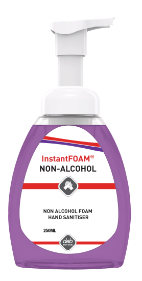 Deb InstantFOAM Alcohol Free 250ml: Gentle foam sanitizer kills 99.9% of germs in 30 seconds, ideal for sensitive environments.