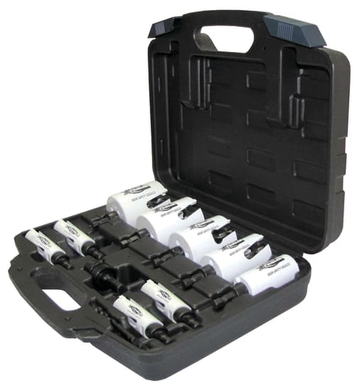 Blu-Mol 11-piece holesaw kit with 9 sizes, quick connect adaptor, and durable tungsten carbide teeth for precise cutting.