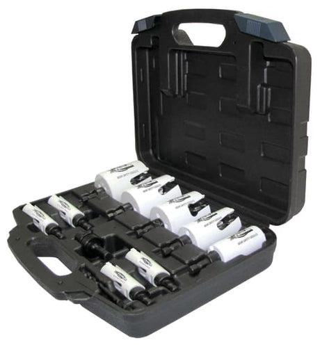 Blu-Mol 11-piece holesaw kit with 9 sizes, quick connect adaptor, and durable tungsten carbide teeth for precise cutting.