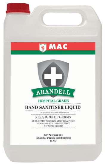 MAC Arandell Hand Sanitiser Liquid in a 5L case, kills 99.999% of germs, moisturising, fragrance-free, for touch-free dispensers.