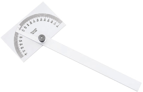 Starrett Steel Protractor C183-150mm with stainless finish, dual 0-180° graduations, flat back, and secure lock nut for precision angles.