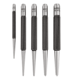 Starrett 5 Piece Centre Punch Set with precise tips, knurled grips, durable case, and hardened steel for accurate indentations.