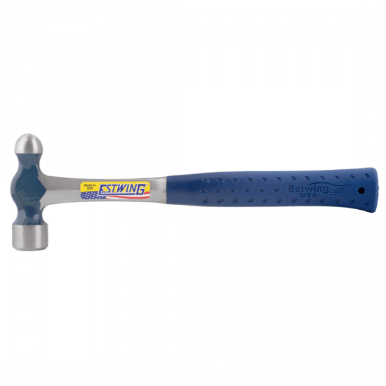 Estwing 16oz ball pein hammer with polished head, shock-reducing grip, perfect for metalworking and shaping tasks.