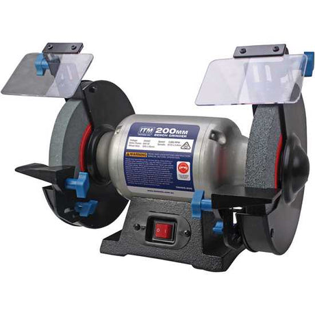 ITM 200mm bench grinder features a 600W motor, durable cast iron body, and 25mm grinding wheels for efficient sharpening and deburring.
